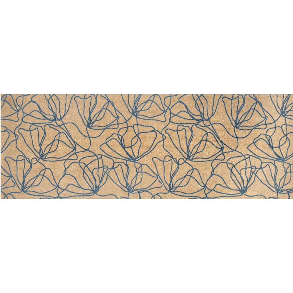 6' Beige And Blue Floral Washable Runner Rug With UV Protection