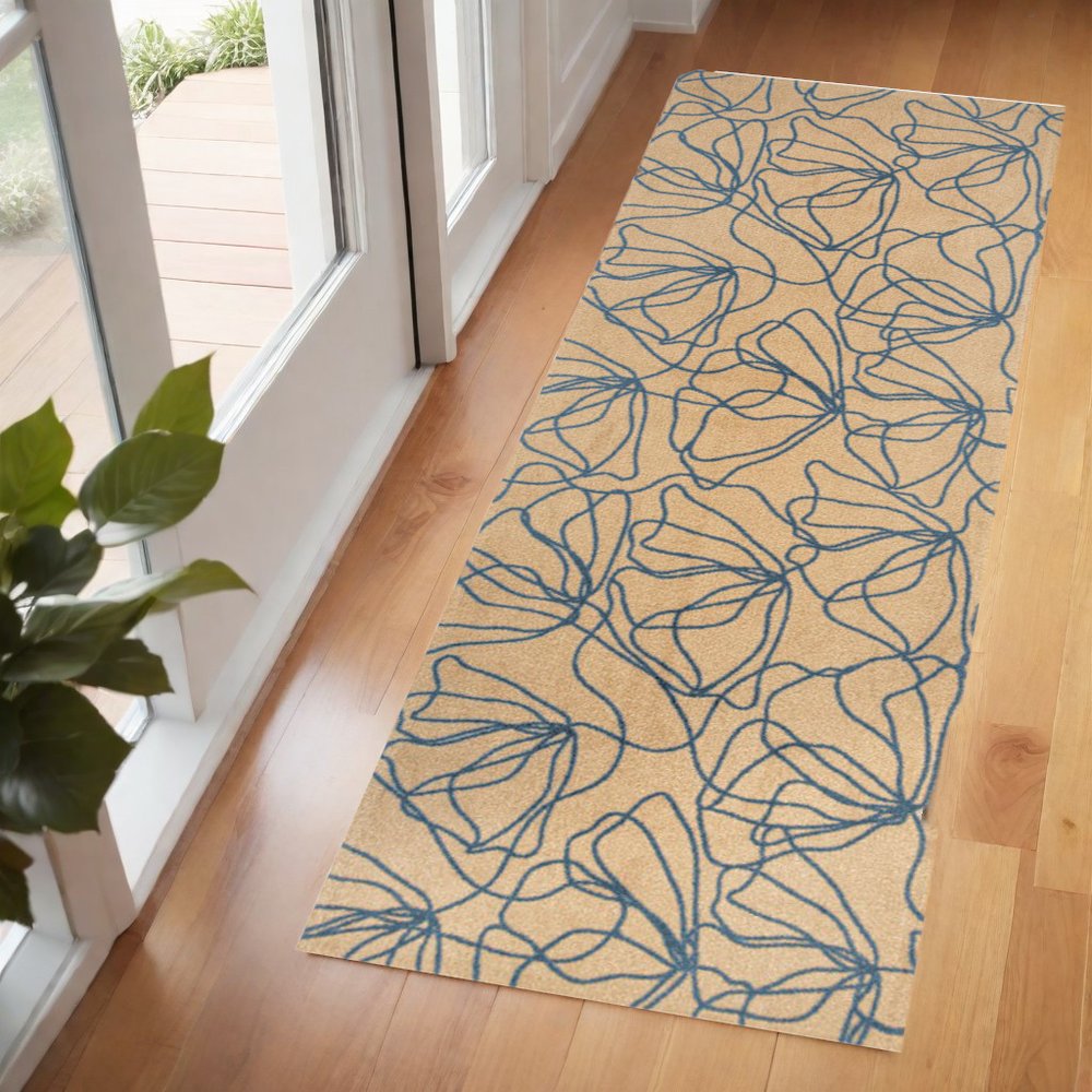 6' Beige And Blue Floral Washable Runner Rug With UV Protection