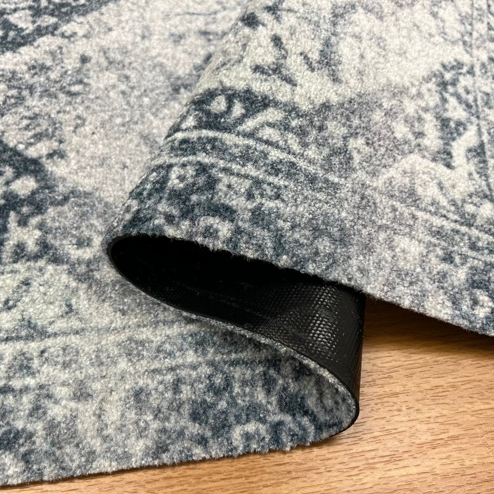 2' X 3' Dark Blue Gray And Ivory Oriental Distressed Washable Area Rug With UV Protection