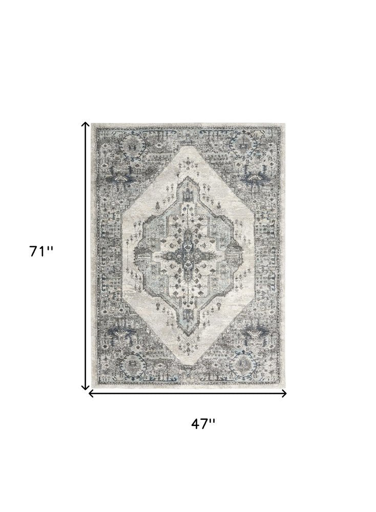 4' X 6' Gray Floral Power Loom Distressed Area Rug