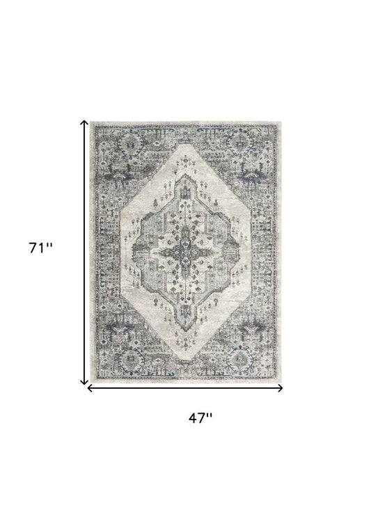 4' X 6' Gray Floral Power Loom Distressed Area Rug