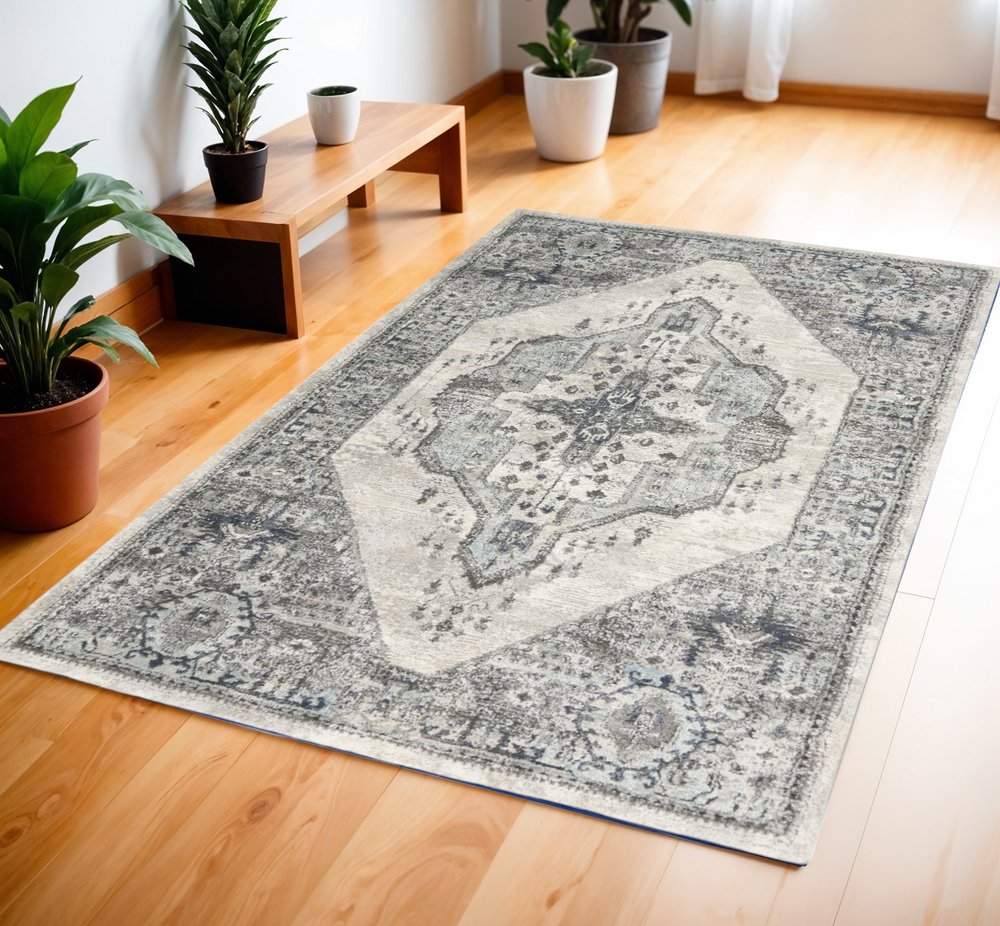 4' X 6' Gray Floral Power Loom Distressed Area Rug