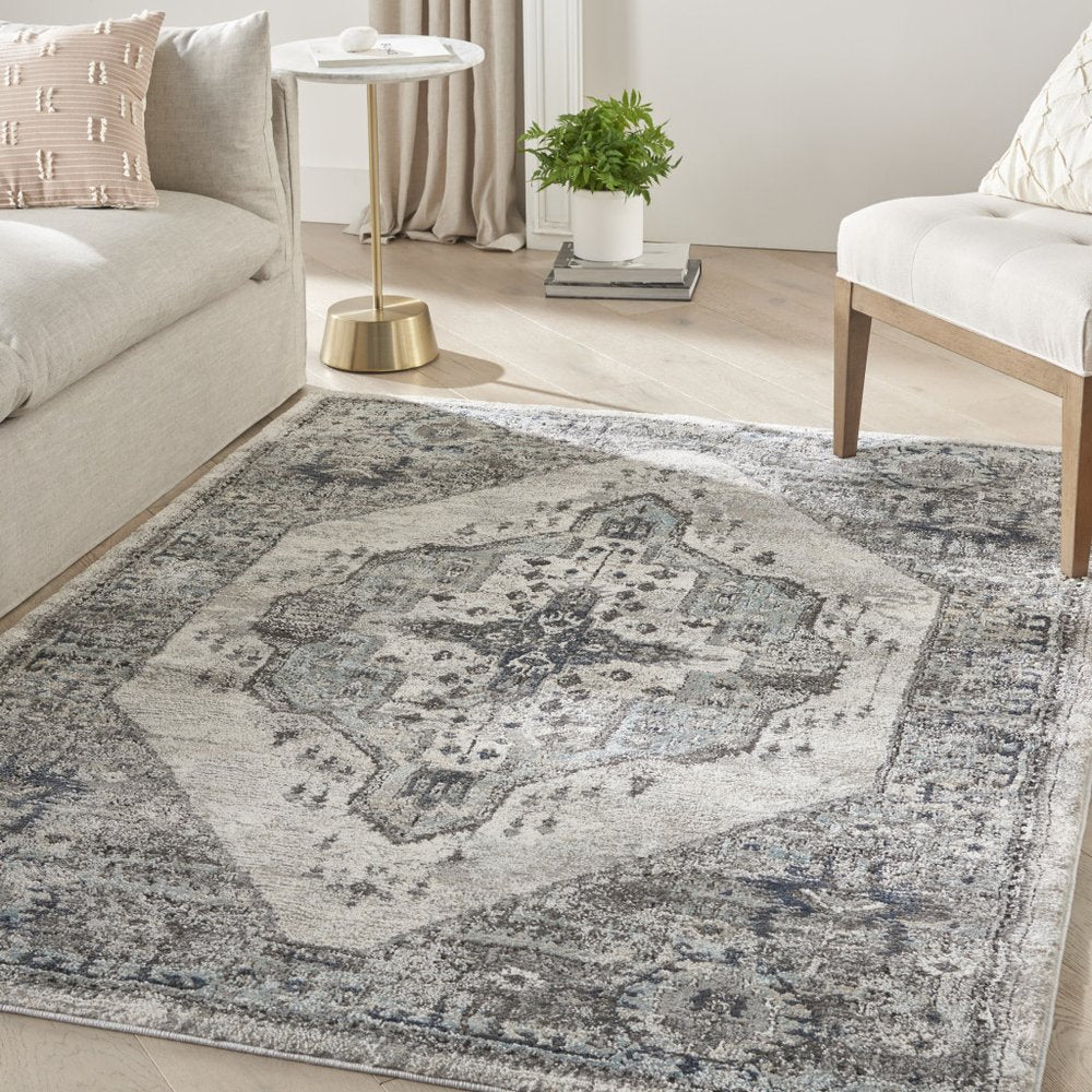 4' X 6' Gray Floral Power Loom Distressed Area Rug