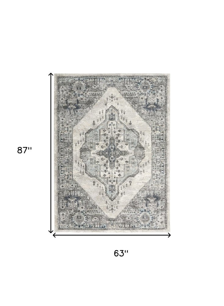 5' X 7' Gray Floral Power Loom Distressed Area Rug