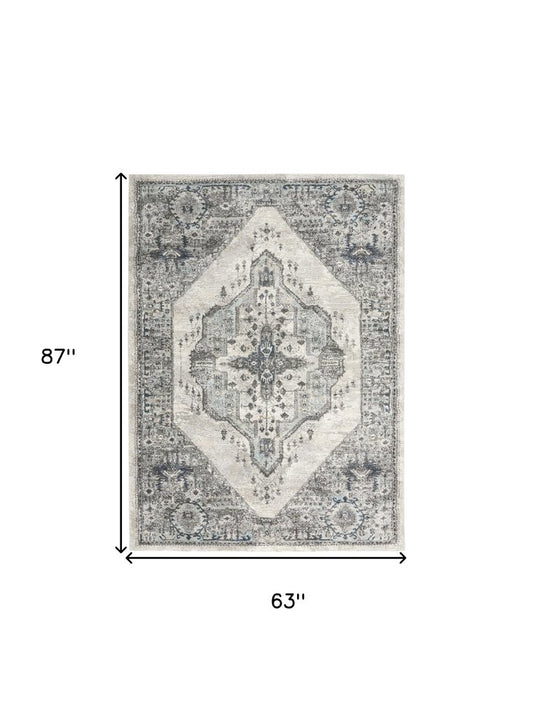 5' X 7' Gray Floral Power Loom Distressed Area Rug