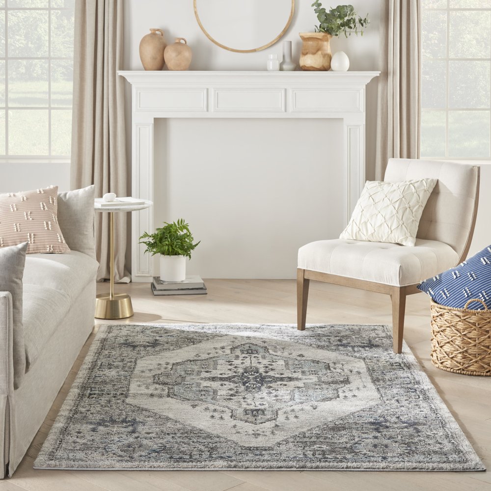 5' X 7' Gray Floral Power Loom Distressed Area Rug