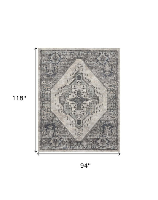 8' X 10' Gray Floral Power Loom Distressed Area Rug