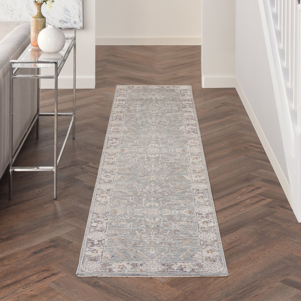 10' Blue Floral Power Loom Distressed Runner Rug