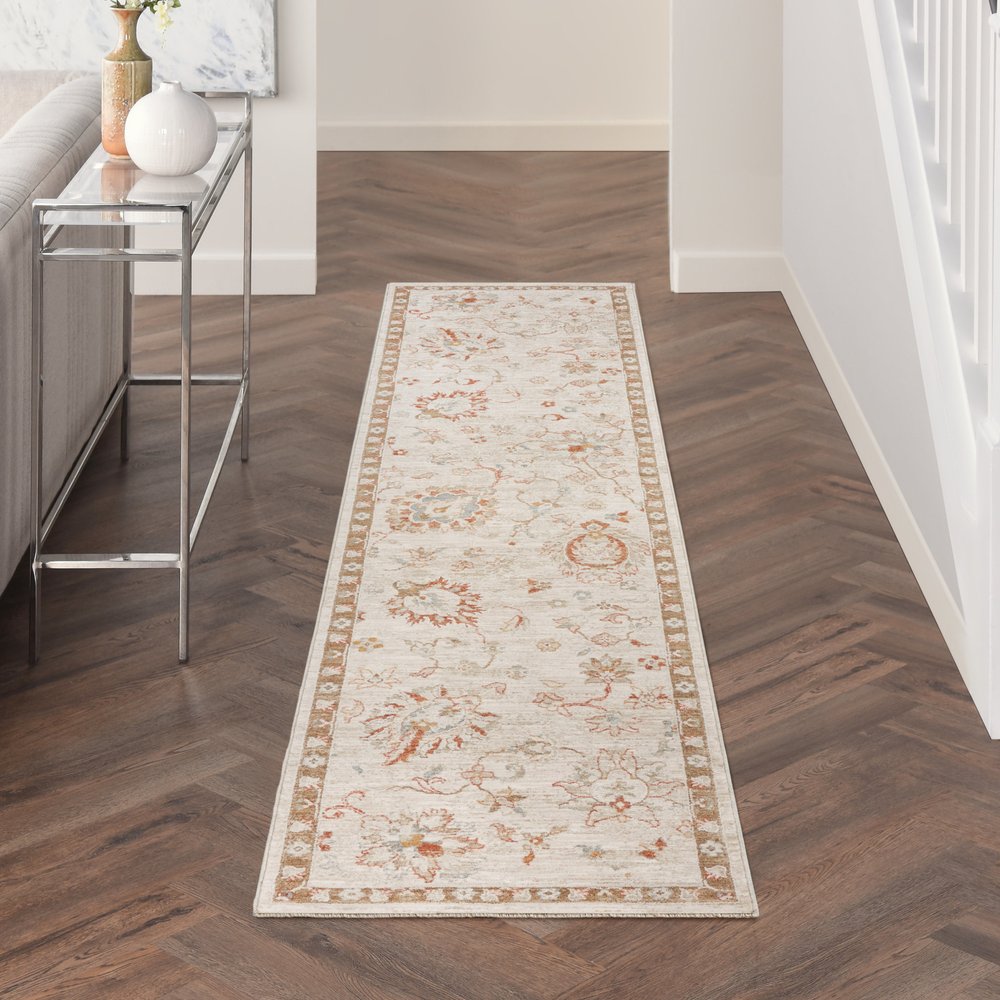 10' Ivory Floral Power Loom Distressed Runner Rug