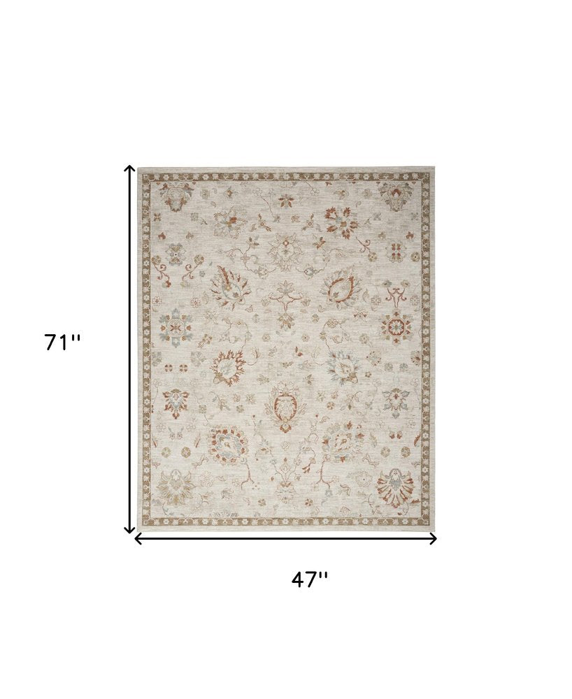 4' X 6' Ivory Floral Power Loom Distressed Area Rug