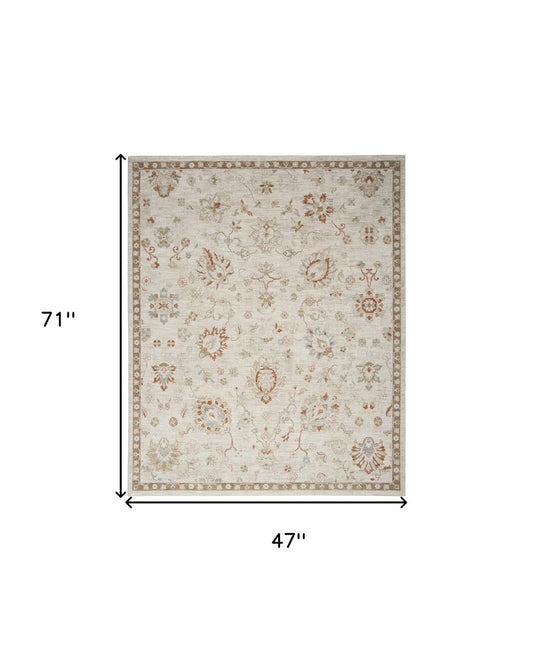 4' X 6' Ivory Floral Power Loom Distressed Area Rug