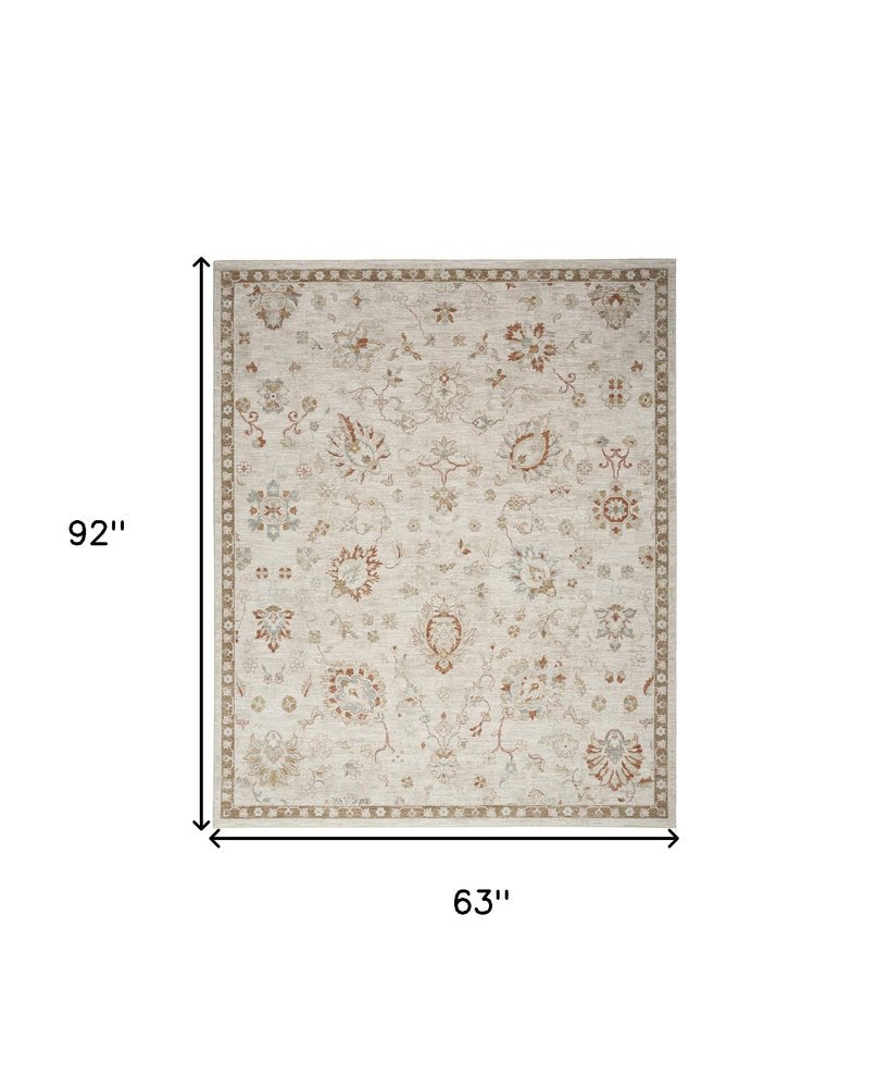 5' X 8' Ivory Floral Power Loom Distressed Area Rug