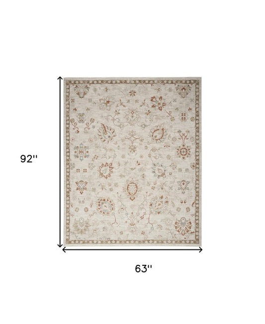 5' X 8' Ivory Floral Power Loom Distressed Area Rug