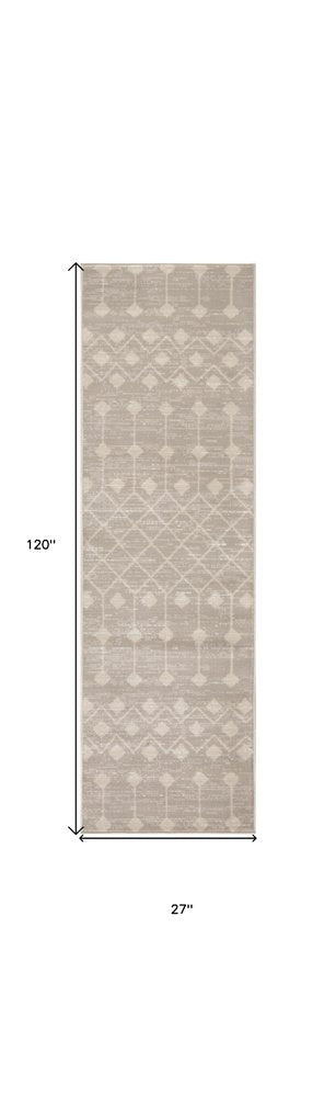 10' Beige Geometric Power Loom Runner Rug