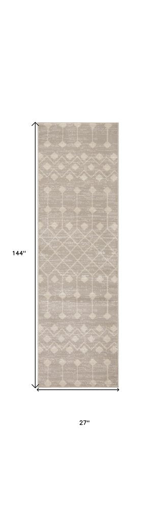 12' Beige Geometric Power Loom Runner Rug