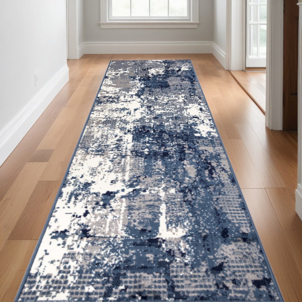 12' Blue Abstract Power Loom Runner Rug
