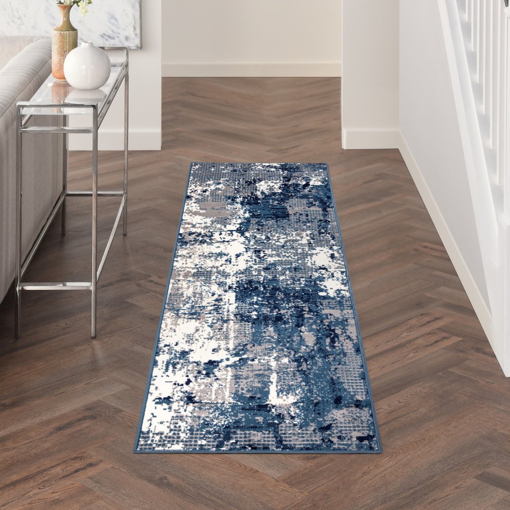 12' Blue Abstract Power Loom Runner Rug