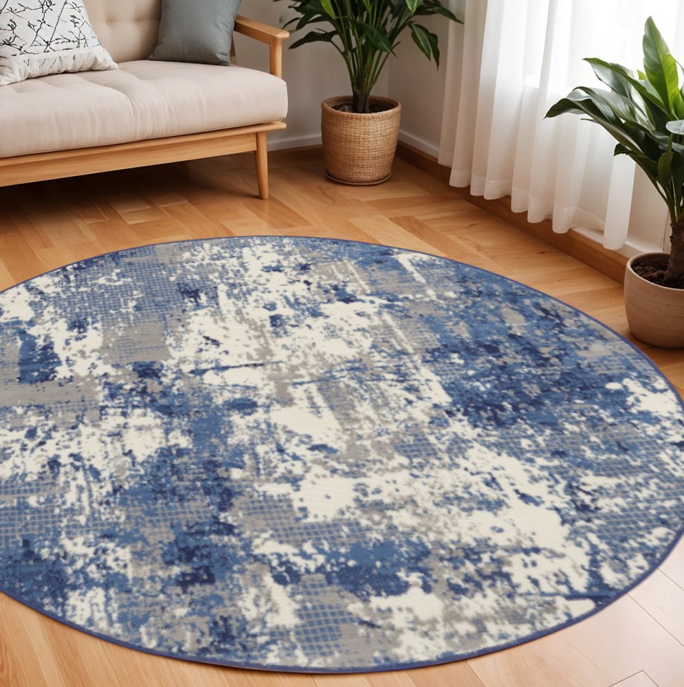 8' Blue Abstract Power Loom Round Rug