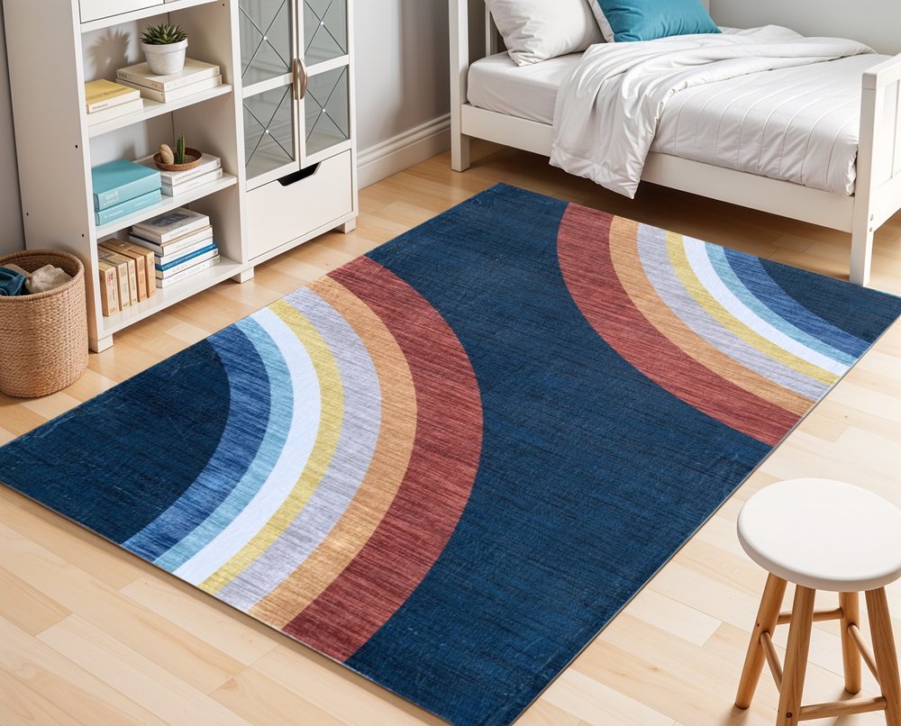 5' X 8' Navy Red and Orange Juvenile Rainbows Youthful Area Rug