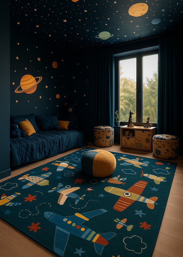 5' X 8' Navy Red and Orange Juvenile Airplanes Youthful Area Rug