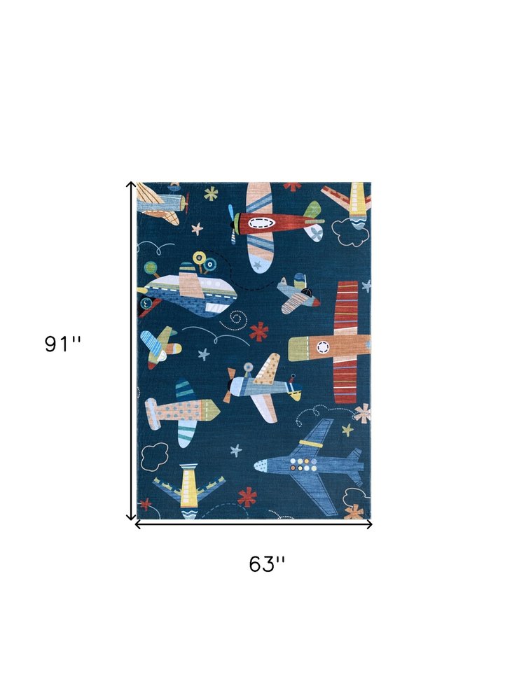 5' X 8' Navy Red and Orange Juvenile Airplanes Youthful Area Rug