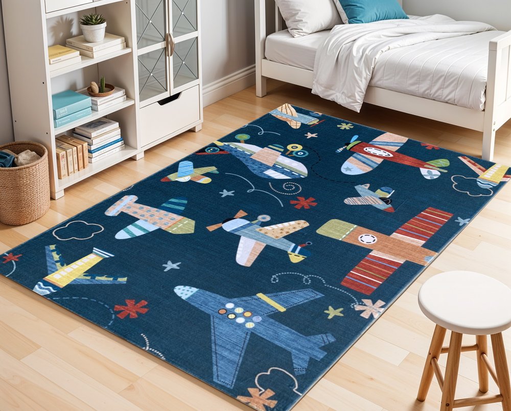 5' X 8' Navy Red and Orange Juvenile Airplanes Youthful Area Rug