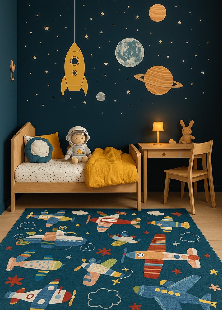 7' X 10' Navy Red and Orange Juvenile Airplanes Youthful Area Rug