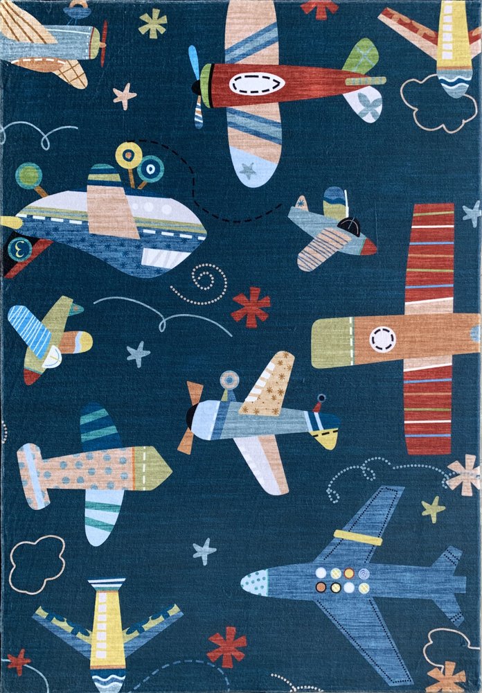 7' X 10' Navy Red and Orange Juvenile Airplanes Youthful Area Rug