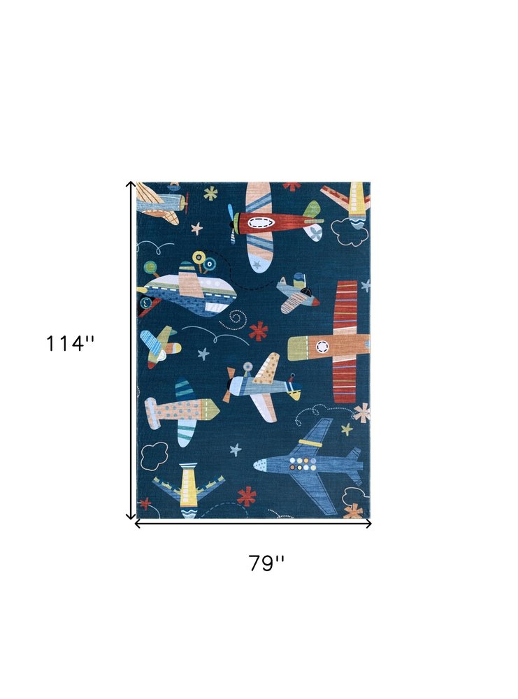 7' X 10' Navy Red and Orange Juvenile Airplanes Youthful Area Rug