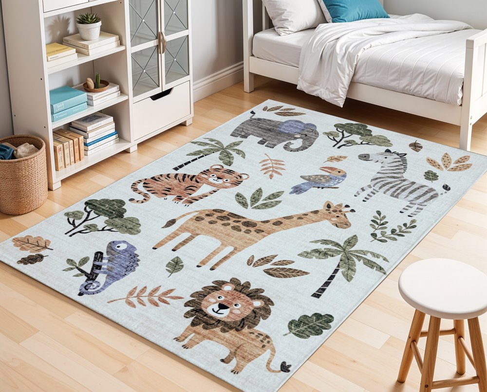 7' X 10' Gray Brown and Green Juvenile Zoo Animals Youthful Area Rug