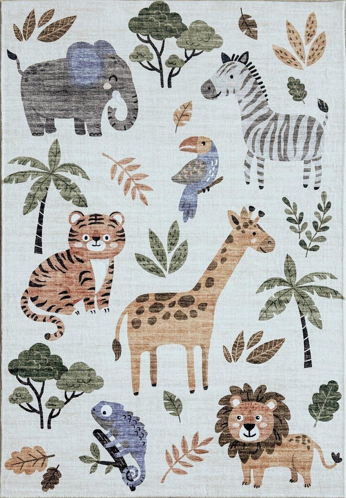 7' X 10' Gray Brown and Green Juvenile Zoo Animals Youthful Area Rug