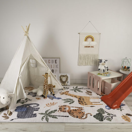 7' X 10' Gray Brown and Green Juvenile Zoo Animals Youthful Area Rug