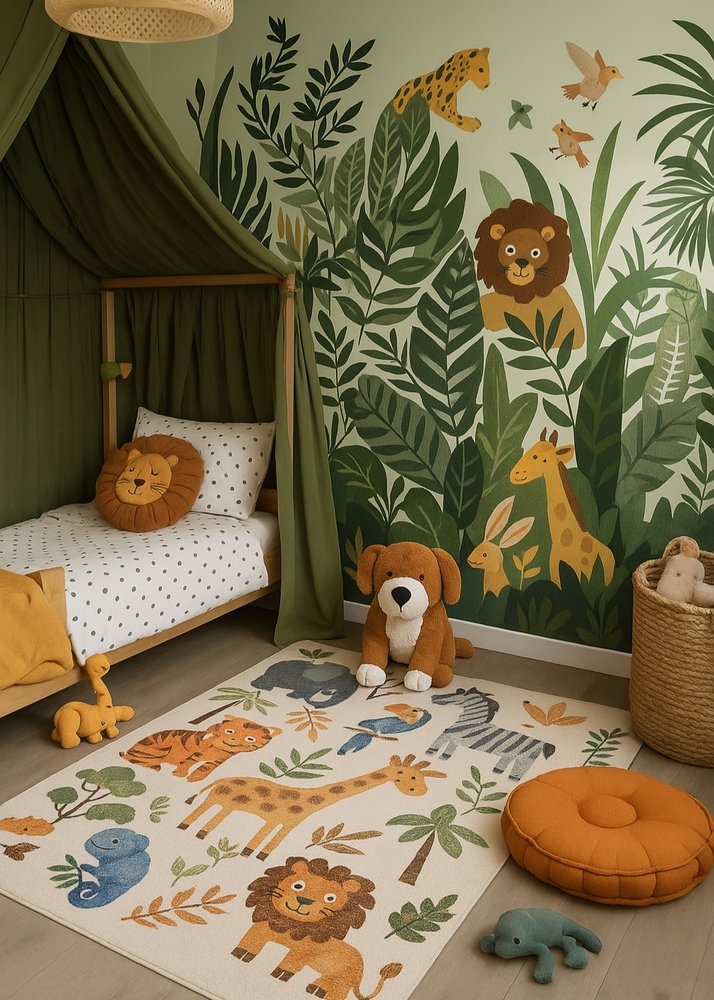 7' X 10' Gray Brown and Green Juvenile Zoo Animals Youthful Area Rug