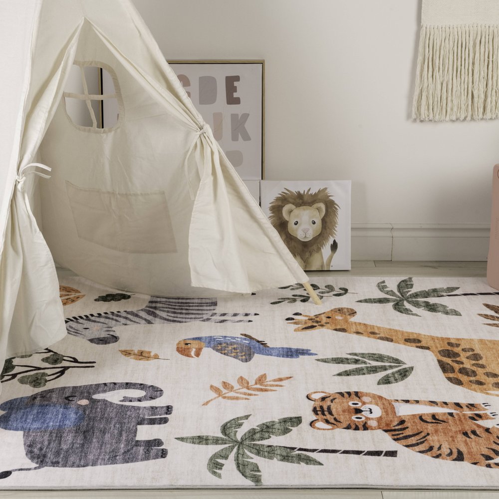 7' X 10' Gray Brown and Green Juvenile Zoo Animals Youthful Area Rug