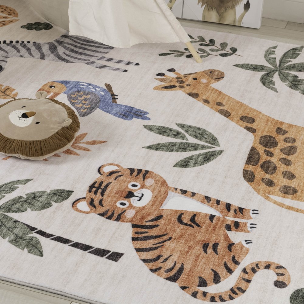 7' X 10' Gray Brown and Green Juvenile Zoo Animals Youthful Area Rug