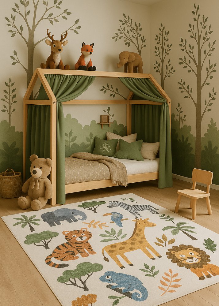 7' X 10' Gray Brown and Green Juvenile Zoo Animals Youthful Area Rug