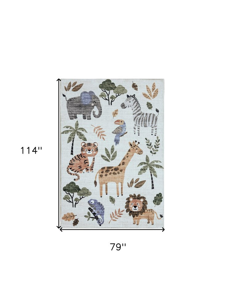 7' X 10' Gray Brown and Green Juvenile Zoo Animals Youthful Area Rug