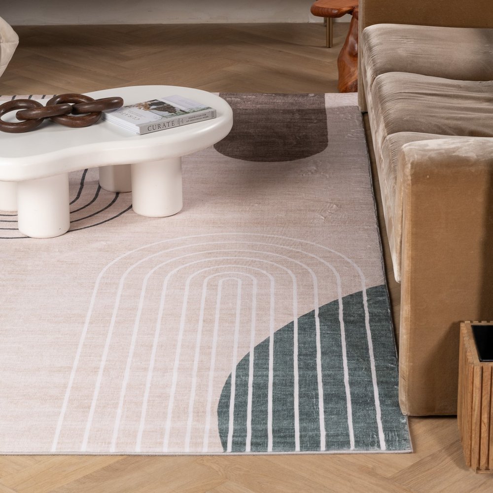 7' X 10' Beige Brown and Green Abstract Area Rug