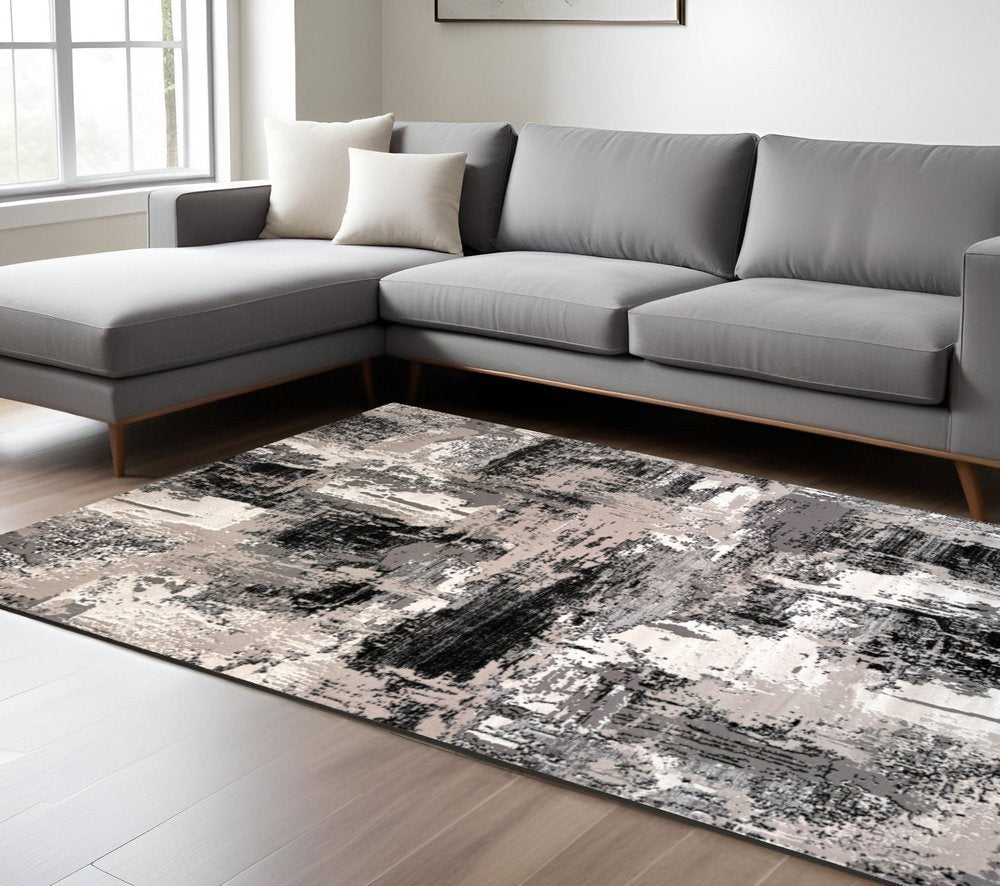 7' X 10' Black Gray and Beige Abstract Area Rug