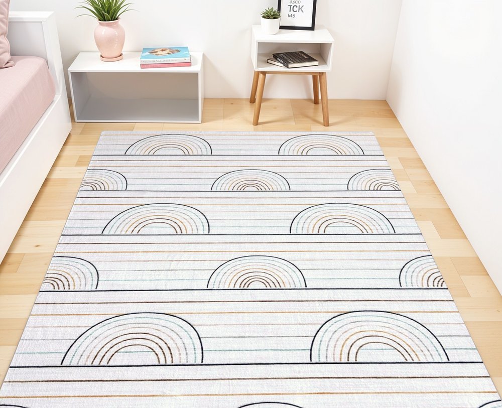 5' X 8' Ivory Blue and Yellow Juvenile Rainbows Youthful Area Rug