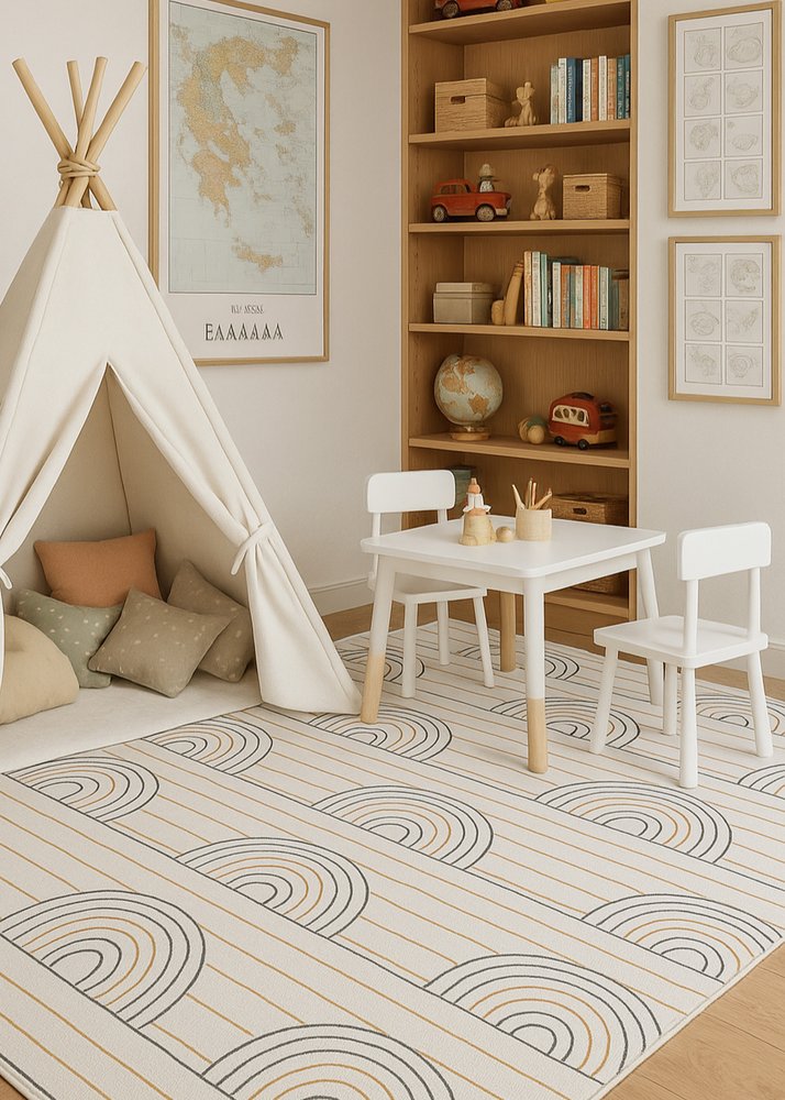 5' X 8' Ivory Blue and Yellow Juvenile Rainbows Youthful Area Rug