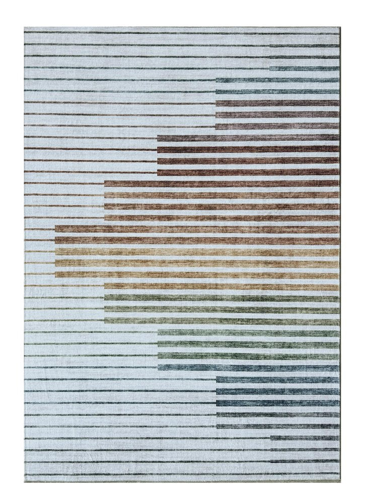 5' X 8' Beige Blue and Brown Striped Area Rug