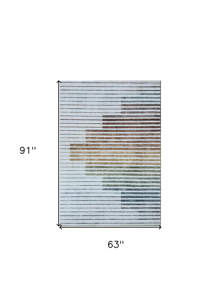 5' X 8' Beige Blue and Brown Striped Area Rug