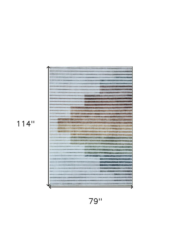 7' X 10' Beige Blue and Brown Striped Area Rug