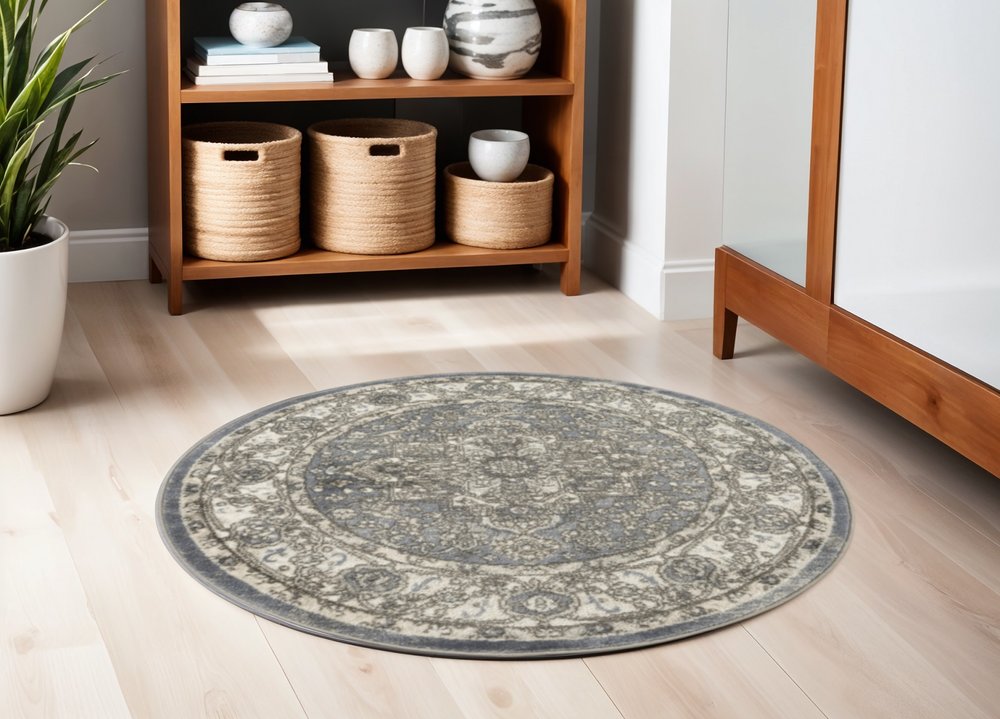 4' Blue Floral Power Loom Round Rug