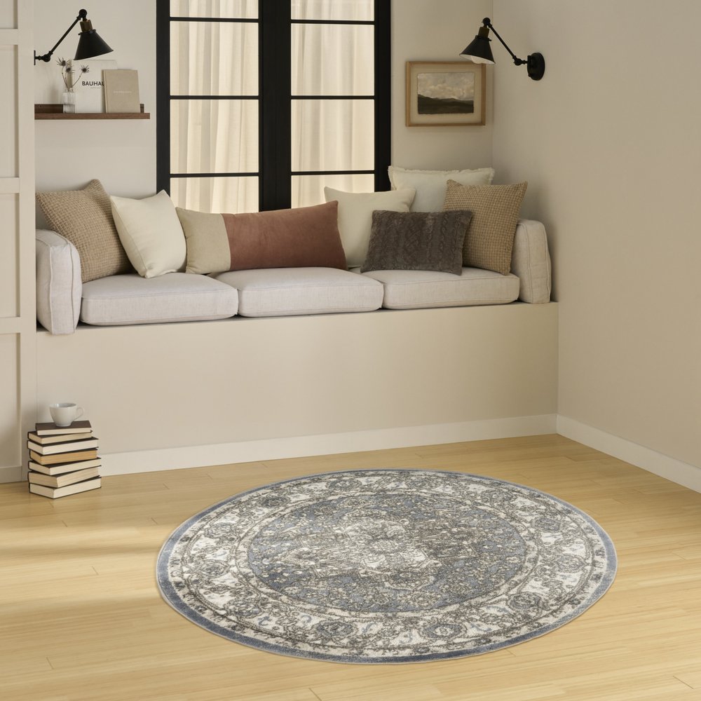 4' Blue Floral Power Loom Round Rug