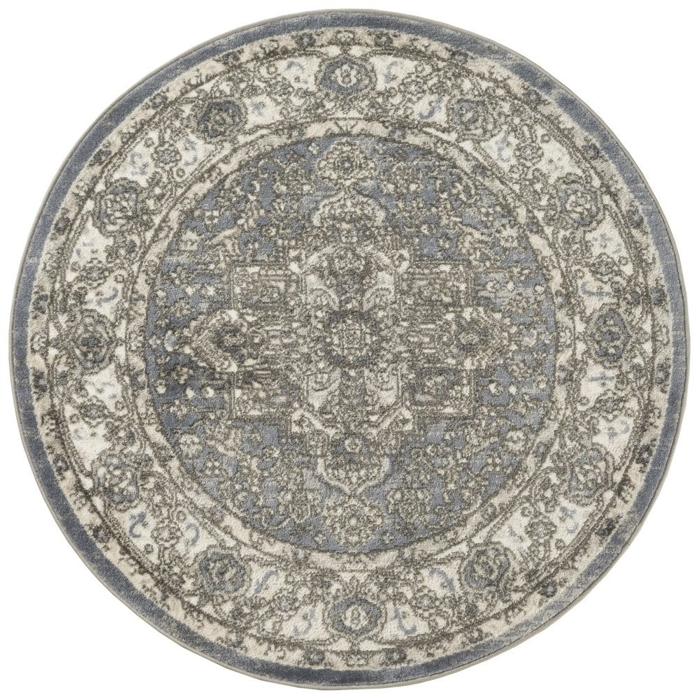 4' Blue Floral Power Loom Round Rug
