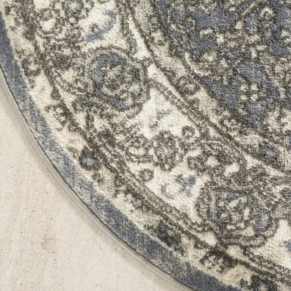 4' Blue Floral Power Loom Round Rug