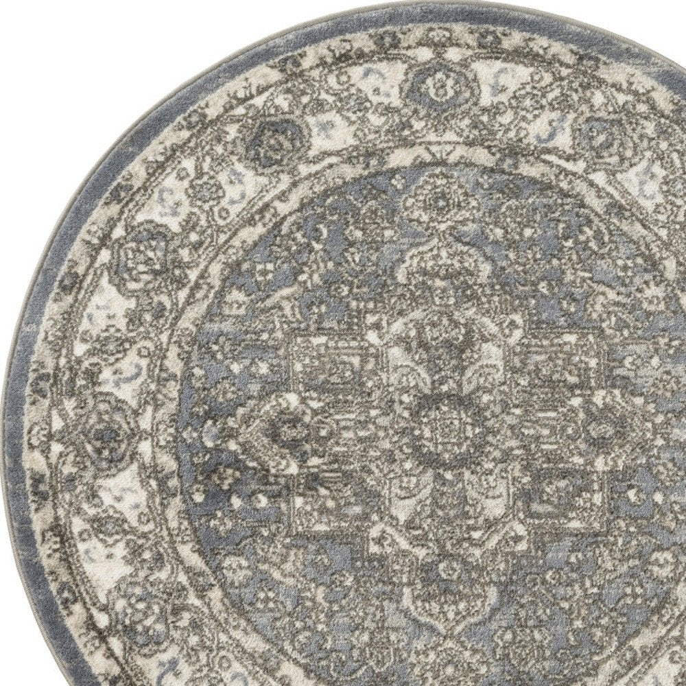 4' Blue Floral Power Loom Round Rug