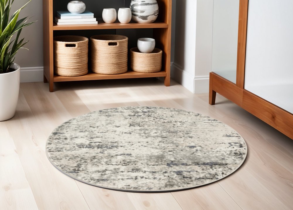 4' Gray Floral Power Loom Round Rug